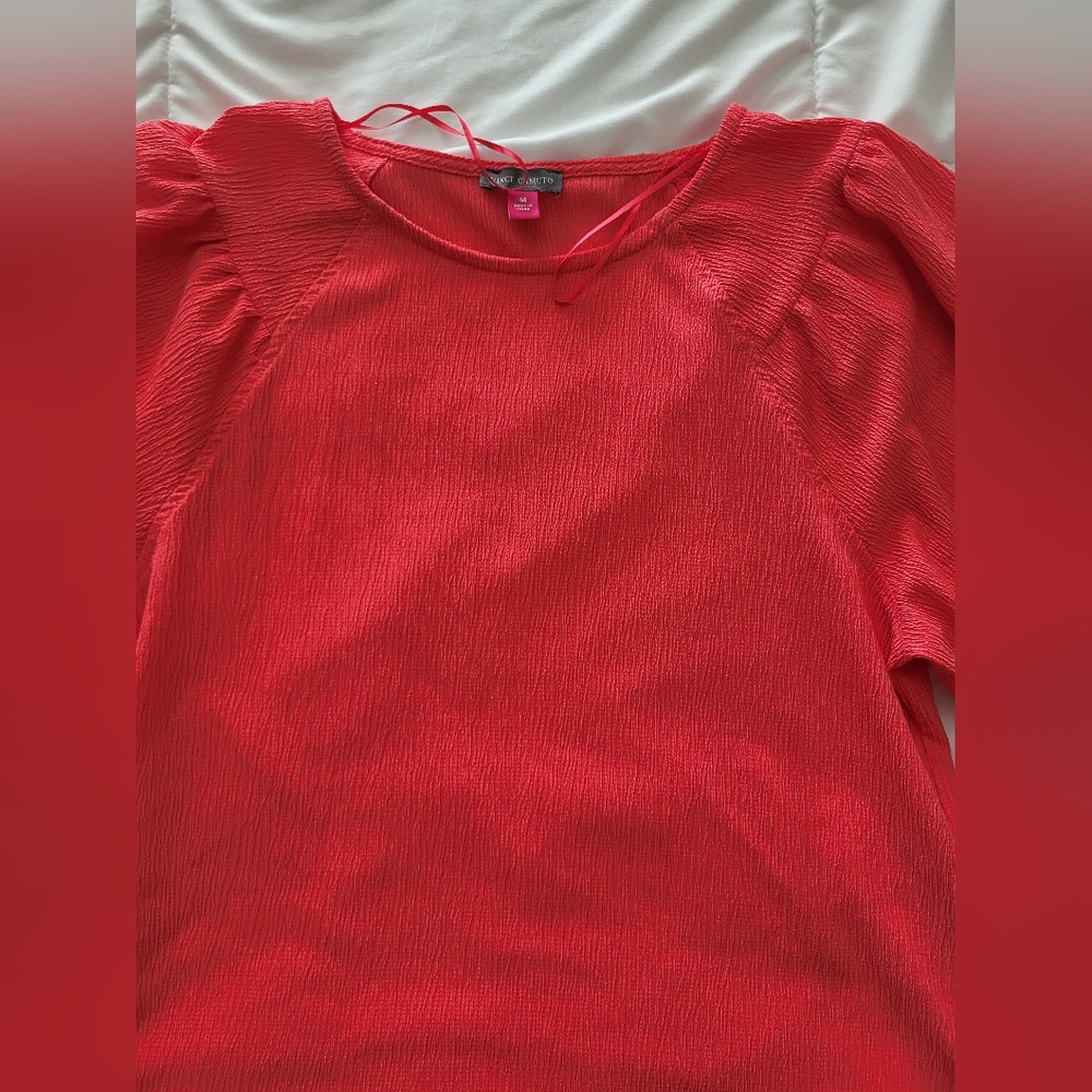 ^. Vince Camuto‎ Vibrant Coral Blouse with Puff Sleeves - Picture 2 of 4